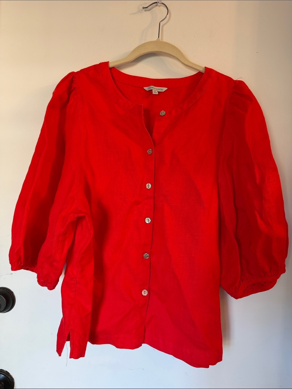 John Mark Linen Red puff Sleeve button down small